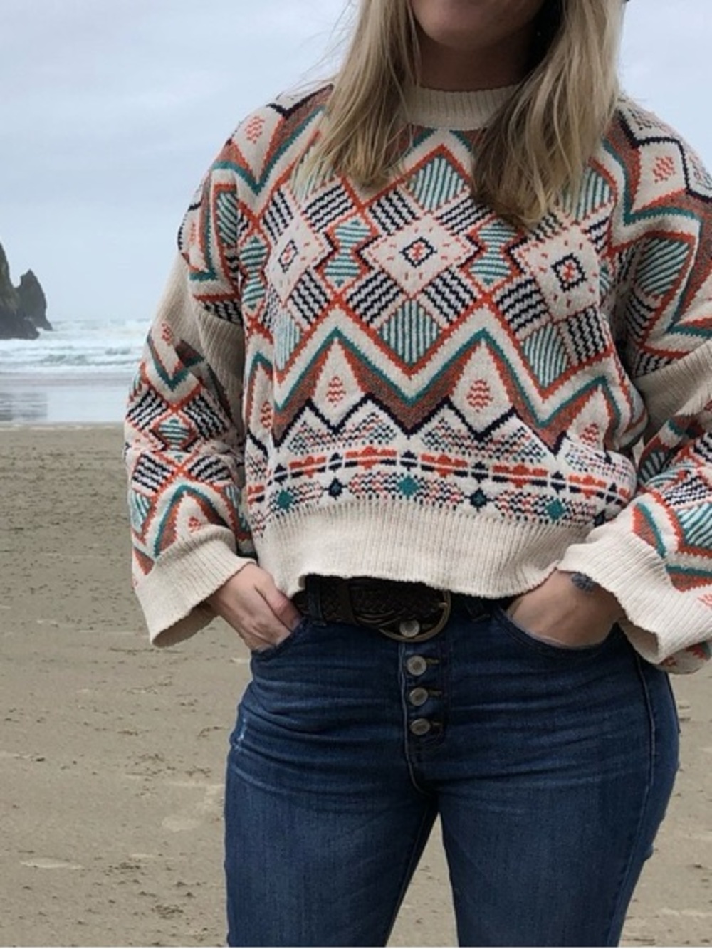 Earthbound Cream Aztec Pattern Cropped Sweater